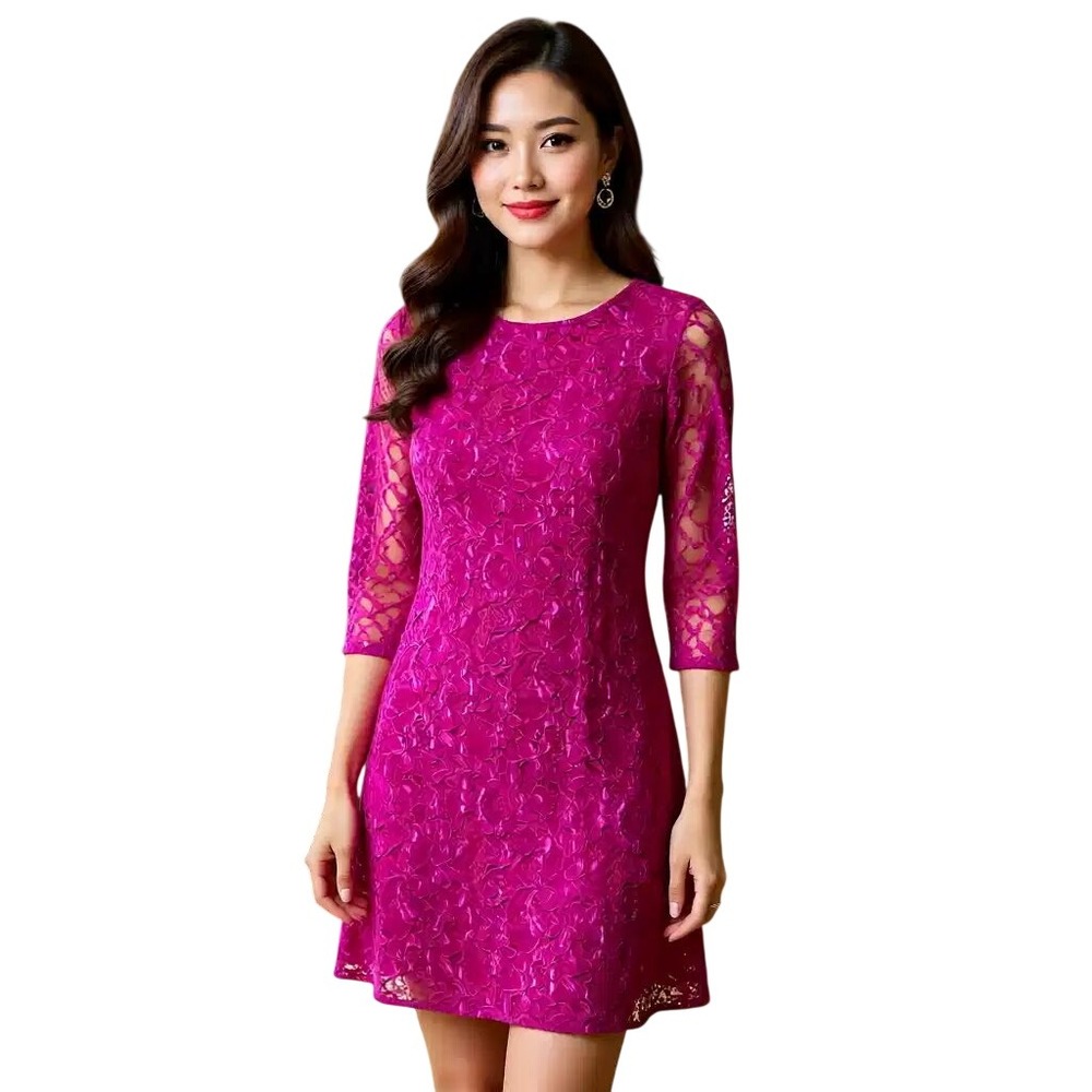 Caroline Rose $288 Bright Pink Floral Lace Shift Dress 3/4 Sleeve Sm NWT